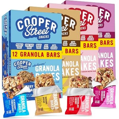 Cooper Street Granola Bakes - Soft Baked Oats, Grain & Seeds Breakfast Granola Bars Variety - Nut & Dairy Free, Low Sodium, Individually Wrapped Healthy Lunchbox Snacks for Kids & Adults - 48 Pack