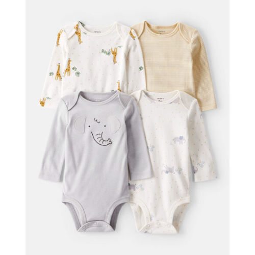 Baby 4-Pack Safari Print Cotton Long-Sleeve Multipack Bodysuits - Ivory/Yellow | Carter's