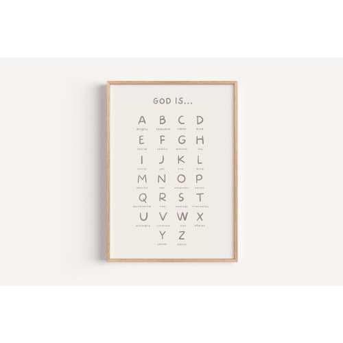 God Is A-Z Wall Art, Kids&#39;s Bible Verse Affirmation Sign, Nursery Christian Wall Art, Neutral Alphabet Poster, Scripture Classroom Decor