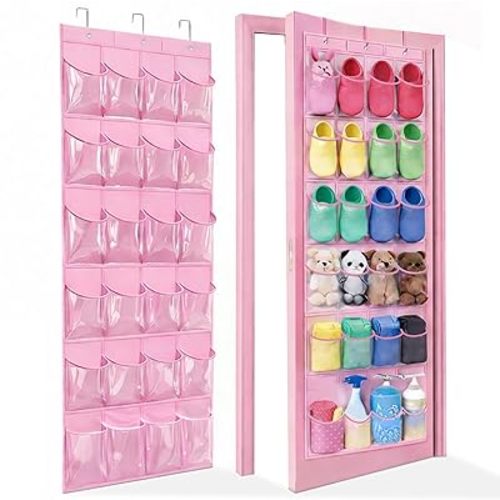 Over-the-Door Kids Shoe Organizer, Pink Shoe Rack for Door, 24 Crystal Clear Pockets, Heavy-Duty Hanging Organizer, 3 Metal Hooks for Toddler Shoes