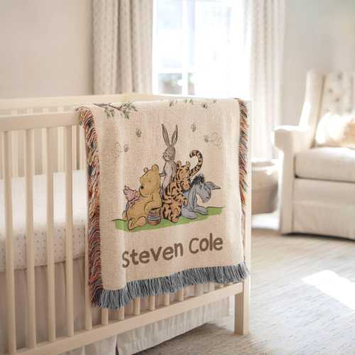Personalized Winnie the Pooh Woven Baby Blanket, Custom Baby Blanket with name, Classic Pooh Nursery Decor, Newborn Name Blanket Shower Gift