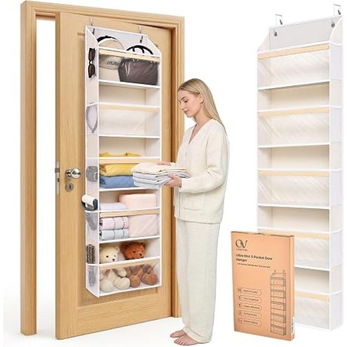 5 Tiers Natural Bamboo Over Door Organizer with 10 Mesh Side Pockets, 50 lbs Weight Capacity Hanging Storage Organizer with Clear Window Kids Toys, Shoes, Diapers, Warm Beige