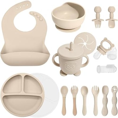 Silicone Baby Feeding Set 17 Pcs, Baby Led Weaning Supplies with Suction Plates & Bowls, Bib, Baby Utensils Spoons Forks, Sippy Cup, Fruit Feeder, Finger Brush, BPA-Free Eating Essentials (Beige)