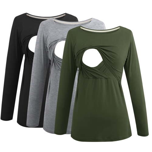 Women's Long Sleeve Maternity Nursing Tops Shirts Breastfeeding Clothes 3-Pack