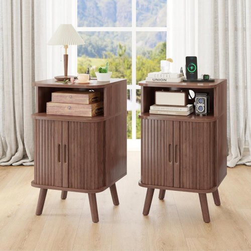George Oliver Wood Nightstands Set With Charging Station, Mid Century Modern End Side Table With Sliding Doors, Fluted Bedside Table, Walnut/Natural Oak (Set of 2) & Reviews | Wayfair