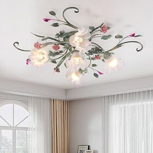 Flower Chandelier Ceiling Light,5-Light Pink Ceramic Rose Ceiling Lamp with Glass Lampshade,Flush Mount Ceiling Light Fixture for Living Room,Bedroom,Dinning Room,Hallway,Kitchen,Green.