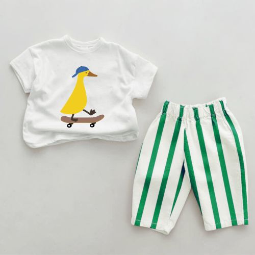 Baby Skateboarding Duck Print Green Striped 2-piece Set