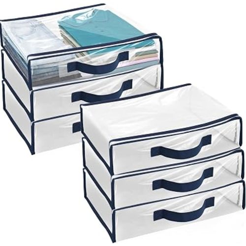 6 Packs Clear Zippered Storage Bags with Handles, Clothing & Closet Storage Bags for Sweater, Waterproof Blankets Storage Bags, Dustproof Bed Sheet Storage Bag Clear Moving Bags 15.7x11.8x3.9 Inch (A)