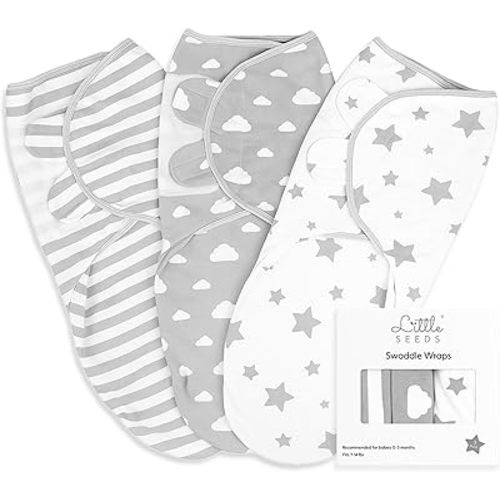 Little Seeds Adjustable Swaddle Blankets for Infants 0-3 Months – 3-Pack Organic Cotton Baby Swaddles for Newborn Boys & Girls – Soft, Snug & Hip-Healthy Swaddling Wraps