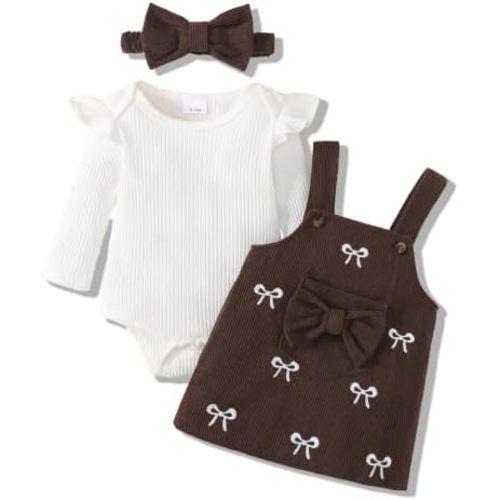 Newborn Baby Girl Suspender Skirt Set Long Sleeve Ribbed Romper