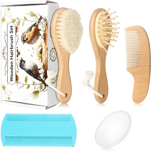 Baby Hair Care Kit, 5 in 1 Wooden Natural Goat Bristles Brush Cradle Cap Comb Baby Grooming Kit for Newborns Toddlers Boys Girls Gift