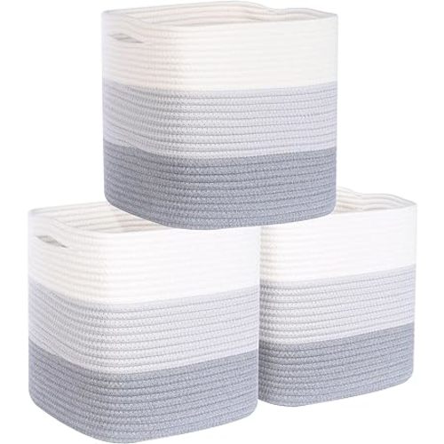 MINTWOOD Design 3-Pack 11x11 Inch Cube Storage Bin, Woven Organizer, Closet Cute Square Bins, Decorative Classroom Bathroom Pantry and Shelf Baskets, 3-Tone Grey (MD-203)