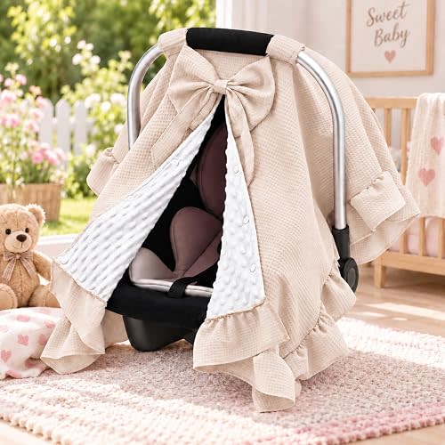 Baby Car Seat Cover with Hand-Cut Bow & Ruffled, Waffle & Mink Dot Plush