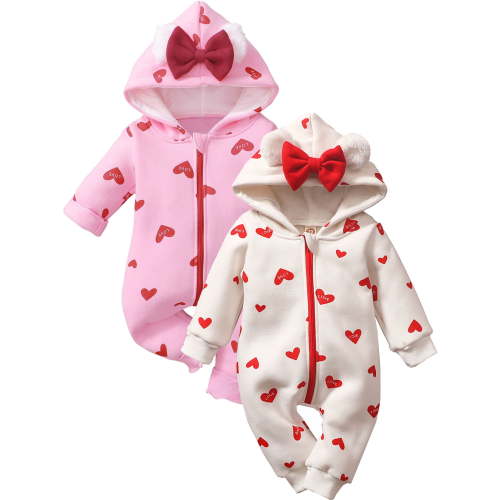 ENFLASH Cute Baby Girls Valentine's Day Clothes Newborn Zipper Hooded Jumpsuit with Thin Fleece Lining Fall Winter Warm Outfit