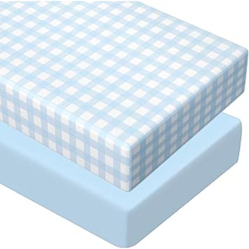 Peryiter 2 Pack Crib Sheets for Girls Boys Coquette Bed Sheet Set Fitted 52'' x 28" for Standard Crib Mattress Stretchable Soft Toddler Aesthetic Nursery Decor (Plaid Checkered,Blue)