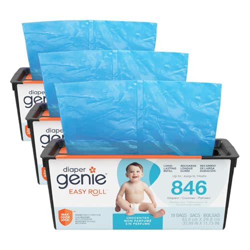 Diaper Genie Easy Roll Refill | 18 Bags Per Refill | Holds Up to 846 Newborn Diapers, Odor Control, DiaperPail RefillBags,Fits Diaper Genie Signature & Platinum Pails, Packaging may vary (Pack of 3)