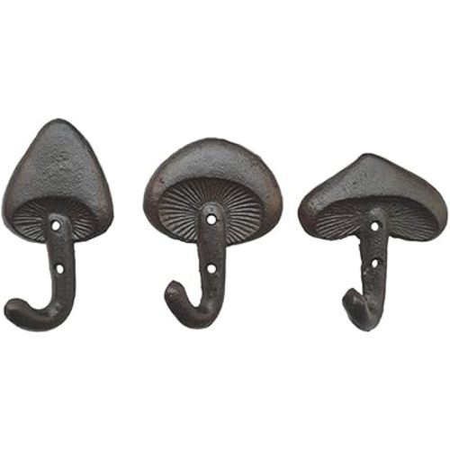 The Bridge Collection Set of 3 Cast Iron Mushroom Wall Hooks - Nature Inspired Toadstool Hangers - Mushroom Shaped Hanging Hook Trio Perfect for Entryway, Bathroom or Woodland Decor