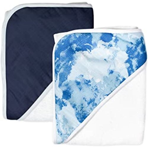 HonestBaby Baby 2-Pack Organic Cotton Hooded Towels, Watercolor World/Navy, One Size