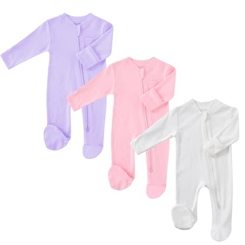 HahaNice Baby 2 Way Zipper Girls Boys 100% Cotton Footed Sleep and Play with Mitten Cuffs 0-12 Months