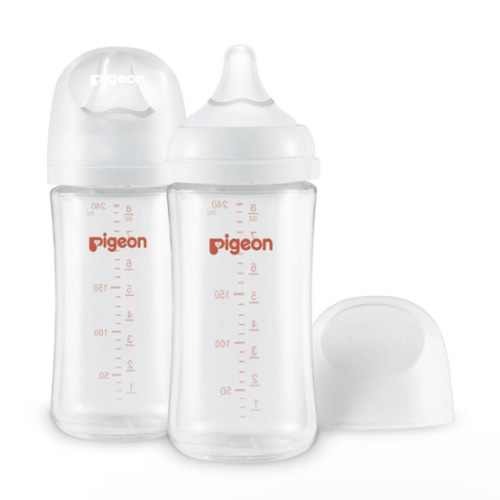 Pigeon Glass Nursing Bottle Wide Neck, Anti-Colic, Streamlined Body, Natural Feel, Easy to Clean, Heat-Resistant, 5.4 Oz(Pack of 2), Includes 2pcs SS Nipples (0m+)