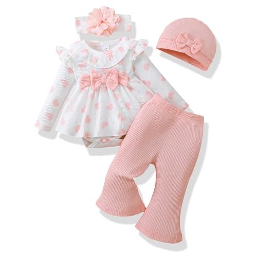 Renotemy Preemie Newborn Baby Girl Clothes Infant Romper Fall Winter Outfits Gifts for Girls Cute Bell Bottoms Pant Sets