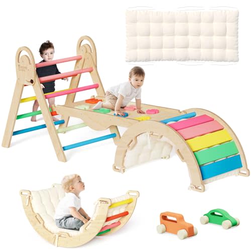 ElegantCrafts Pikler Triangle Set with Cushion, Montessori Climbing Set, Indoor Climb Toys, Indoor Playground Jungle Gyms, 9 Combinations Climbing Toy Set for Toddler, Baby, Kids 1-4