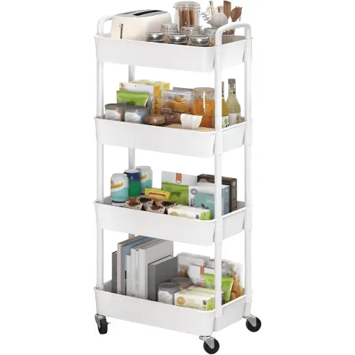 Sywhitta 4-Tier Plastic Rolling Utility Cart with Handle, Multi-Functional Storage Trolley for Office, Living Room, Kitchen, Movable Storage Organizer with Wheels, White
