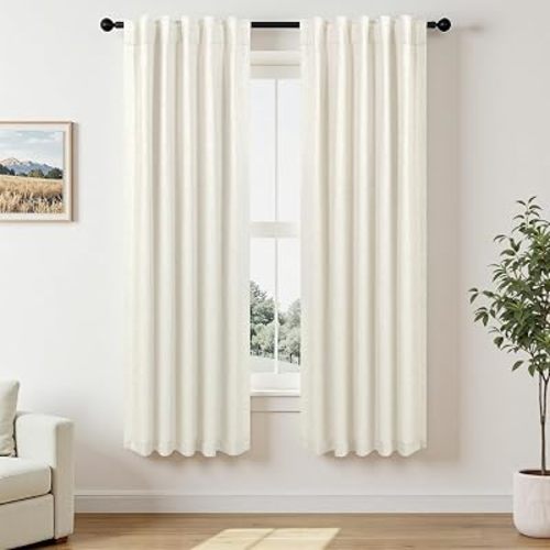 Pitalk Natural Cream Linen Blackout Curtains 64 Inch Length 2 Panels for Bedroom Living Room Black Out Linen Textured Window Drape Privacy Decorative Back Tab Rod Pocket Burlap Look Decor 42 x 64 Long