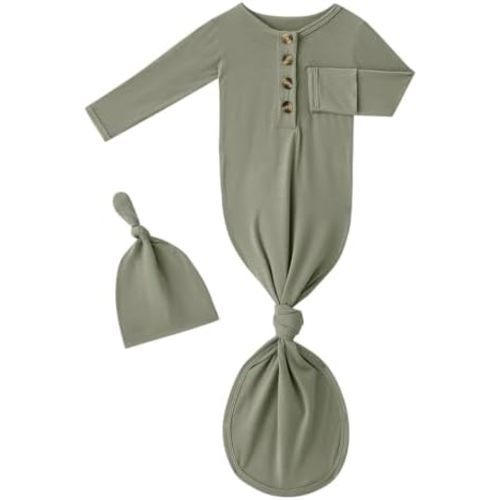 Newborn Baby Boys Girls Knotted Gown Headband/Hat Set Clothes Bamboo Viscose Soft Sleeper Sleep Gown with Mittens