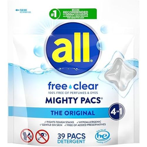 all free clear, Original, MIGHTY PACS Laundry Detergent Pacs for Sensitive Skin, Unscented and Hypoallergenic, 39 Count