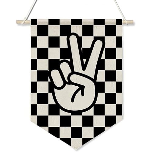 Peace Sign Wall Hanging Banner,Black and White Checkered Canvas Flag for Boys Room, Teen Room, Cool Skateboard Vibes Poster Decor, Retro Hand Gesture Hanging Sign 11x16inch(KD28)