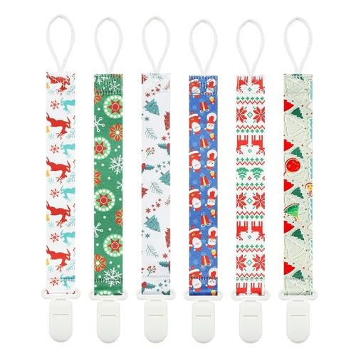 Christmas Pacifier Clips, 6 Pack Binkie Paci Holder for Pacifiers and Teethers (Snowman,Snowflake)