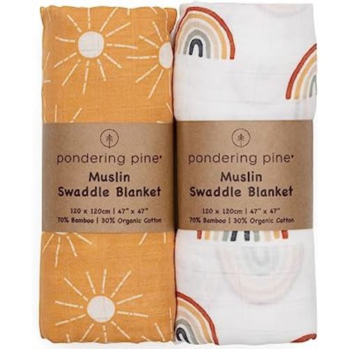 Organic Baby Muslin Swaddle Blankets for Boy or Girl - Sun and Rainbow Swaddling Blanket 2 Pack - Soft Muslin, XLarge and Breathable, Boho Baby, 47" X 47"