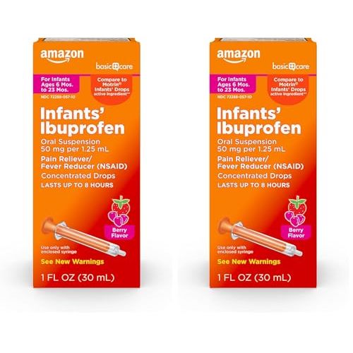 Amazon Basic Care Infants' Ibuprofen Oral Suspension Drops, 50 mg per 1.25 mL, Berry Flavor, for Minor Aches and Pains, Sore Throat, Headache Relief and More, 1 fl oz (Pack of 2)