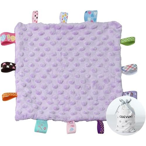 CREVENT Tag Security Blankets for Babies, Soft Small Loveys for Girls, Baby Comforter Sensory Blanket, Great Gifts for Birthday Baby Shower (10"X10" Purple Tag)