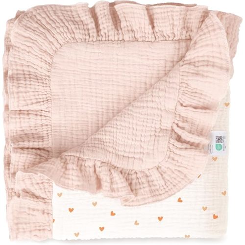 lulumoon Muslin Ruffle Baby Blanket - Soft Breathable 100% Cotton Newborn Wrap for Stroller Travel & Car Seat - Ideal for Photography & Nursery Decoration 40"x36"(Pink Heart)