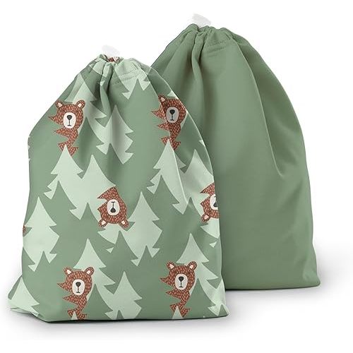 Esembly Ditty Bag Duo - Reusable Waterproof Wet Bags for Cloth Diapers, Swimsuits, Toiletries, and Snacks, Set of 2 - Peek-a-Bear and Aloe
