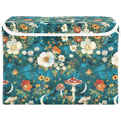 senya Large Storage Bins with Linen Collapsible Foldable Storage Cubes Fabric Closet Organizer Containers box with Flip-Top Lid for Home Bedroom Office 16.7 x 12.6 x 11.8in (Flowers Mushrooms Stars)