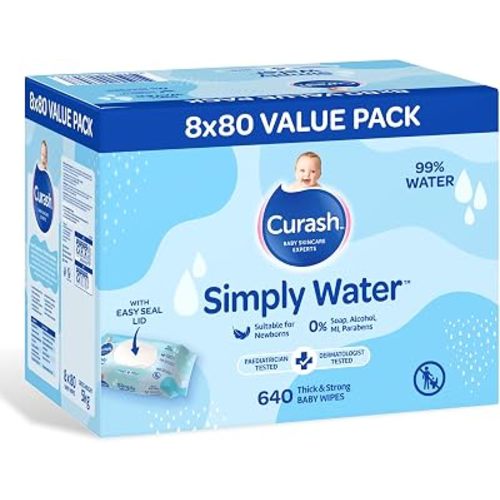 New Formula Curash Simply Water Baby Wipes, 8x80 Pack, Suitable for Newborns, 99% Purified Water, No Soap, Alcohol or Parabens, Thick & Soft Texture, Everyday Cleansing and Nappy Changes, 640 Wipes