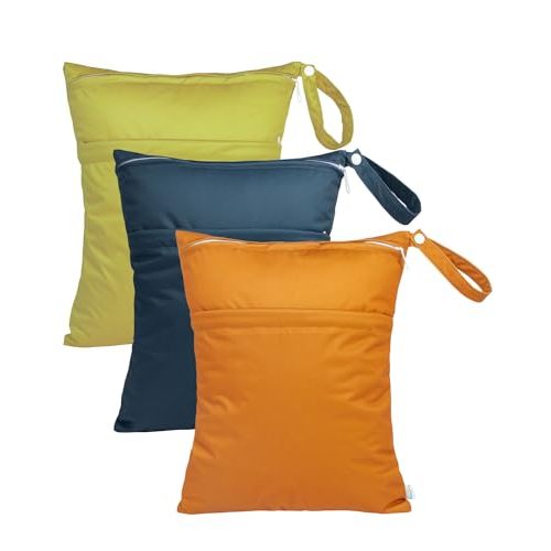 babygoal Wet Dry Bags 3 Pack for Baby Cloth Diapers, Washable Travel Bags, Beach, Pool, Gym Bag for Swimsuits & Wet Clothes with Two Zippered Pockets 3LN29