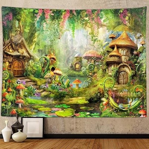 Fairy Forest Mushroom Decor Tapestry, Cute Fantasy Enchanted Forest Garden Tapestries Wall Hanging for Girls Bedroom College Dorm Room Aesthetic 60X40" Fairytale Nature Nursery Poster Blanket