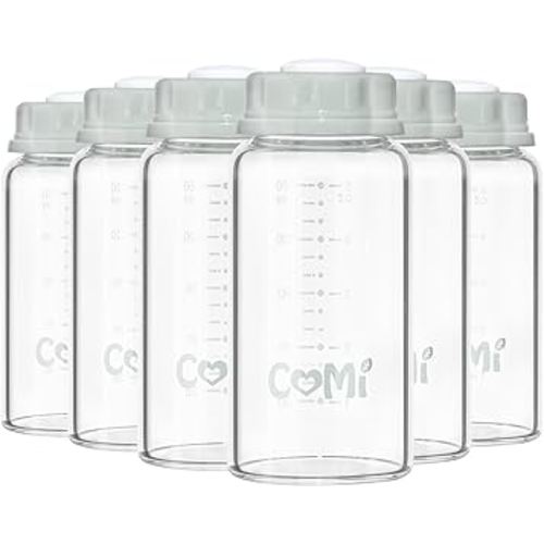 COMI Natural Glass Baby Bottle,Standard Neck Breastmilk Storage Bottle for Fridge,Breast Milk Container,Breast Pump Bottle Compatible with Medela Breast Pump,BPA Free,6PCS (5oz,6 Gray Lids)