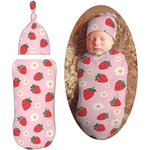 Strawberry Pink Flowers Newborn Swaddle Blankets Hat Sets Soft Baby Receiving Blanket Swaddle Sack for Baby Shower Infant Boy Girl Gift