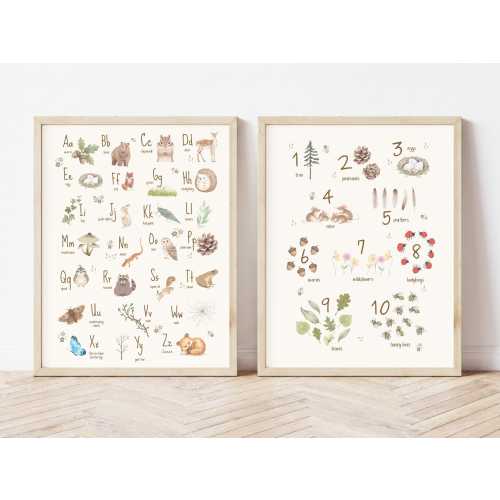 Woodland Alphabet & Numbers Poster Set of 2 | Watercolor Animal Nursery ABCs Wall Art