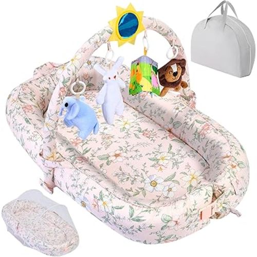 Portable Baby Lounger For Travel,Breathable & Comfortable 100% Cotton Infant Lounger, Baby Nest 0-24 months Machine-Washable Newborn Lounger,Newborn Essentials (Pink, Baby Lounger With Toys)