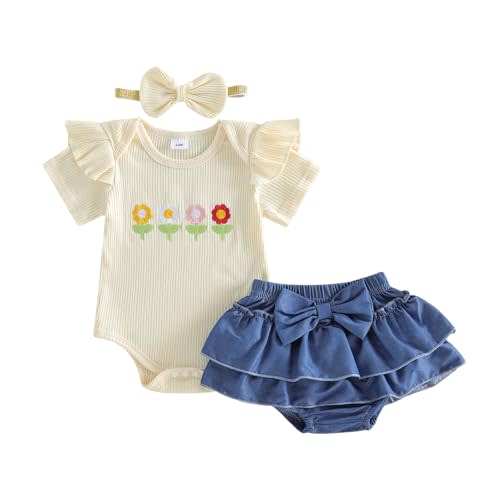 fhutpw Newborn Baby Girl Clothes Ribbed Sleeve Romper Top Leopard Ruffle Shorts Bow Headband Infant Summer Outfits 0-18M