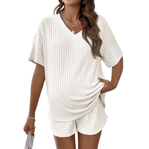 MakeMeChic Women's Maternity 2 Piece Outfits Summer Short Sleeve Rib Knit Tee Top and Short Lounge Sets Clothes
