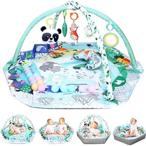 Baby Play Gym Mat 5-in-1 Activity Mat Tummy Time Playmat, 8 Detachable Toys Sensory and Motor Skill Development Washable Play Mats for Floor, Newborn Baby Essentials
