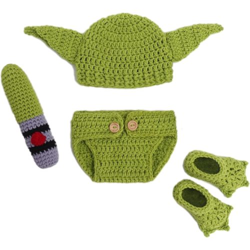 DICHA Handmade Crochet Costume- 4-Piece Set: Hat, Diaper,Booties Shoes and Accessories - Baby Photography Props for Newborns 0-3 Months - Soft Yarn Green Alien Style Baby Photo Prop
