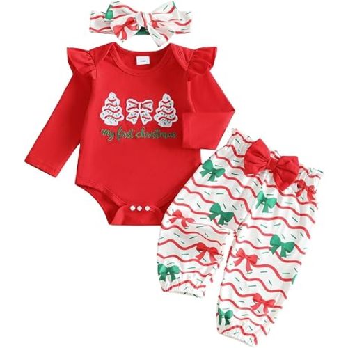 My First Christmas Baby Girl Outfit Tree And Bow Romper Pants Set | Christmas Baby Girl Outfit Newborn Long Sleeve Christmas Tree Bow Romper Matching Pants And Headband Cute Infant Fall Clothes